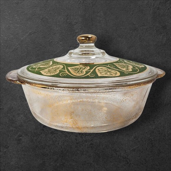 Vintage Fire-King 2 Qt Casserole w/ Culver Ltd 22K Gold & Green Lid Excellent - Picture 2 of 10